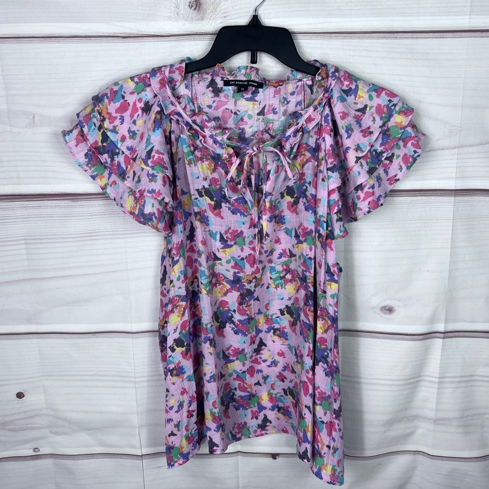 Zac & Rachel Top Womens 2X Pink Abstract Blouse Ruffle Sleeve Tie Neck‎ Pullover
